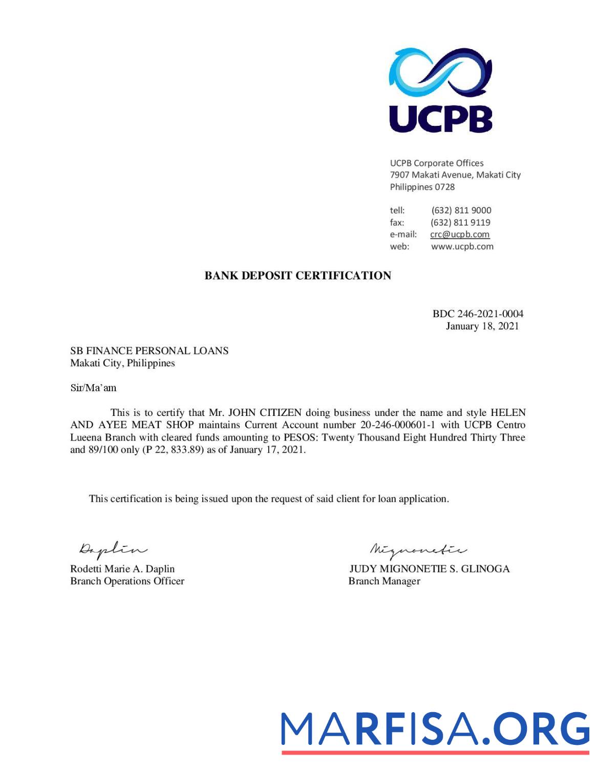 Downloadable Philippines UCPB bank deposit certification letter template